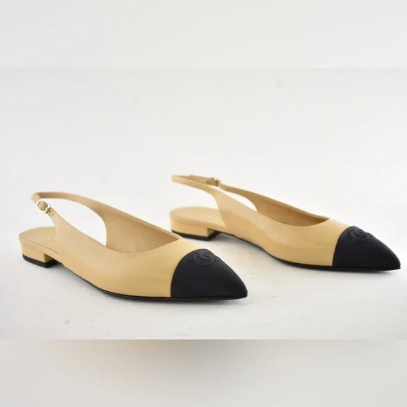 Chanel 24A Beige Leather Black CC Logo Coco Slingback Pointed Ballet Flat 39 - Picture 4 of 15